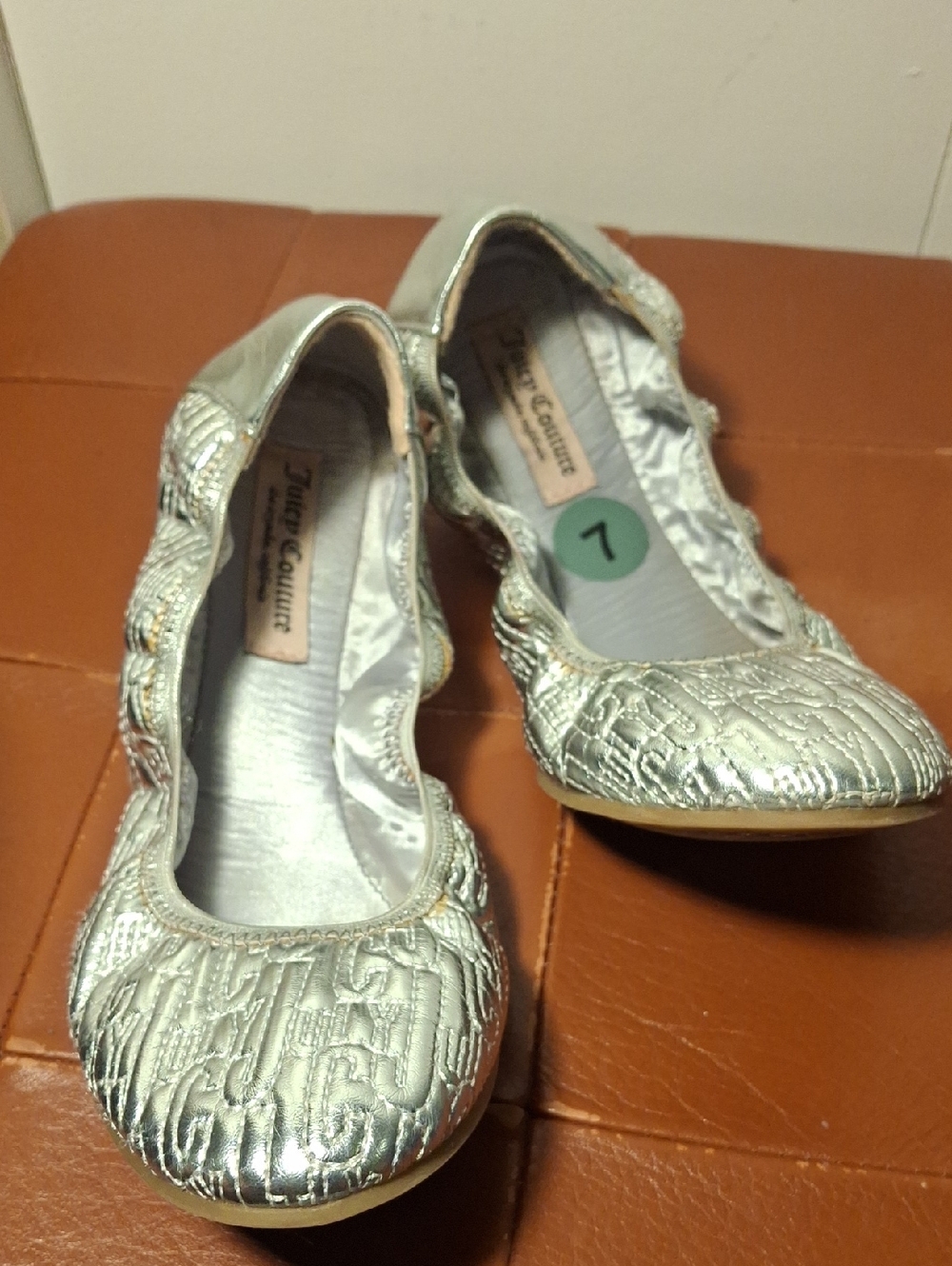 Juicy Couture Metallic Silver Quilted Logo Ballet Flats